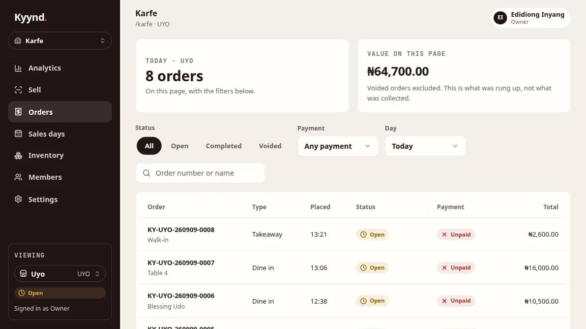A day of orders in Kyynd, paid and unpaid, with the value rung up so far