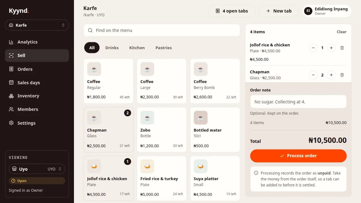 The Kyynd register: today's menu with what is left of each item, and an open tab totalling 10,500 naira